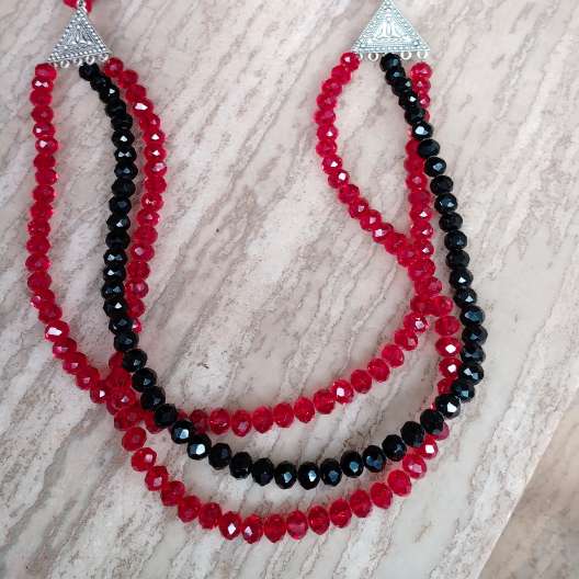 3 Layer Red and Black Crystal Necklace and Matching Earring Set For Women